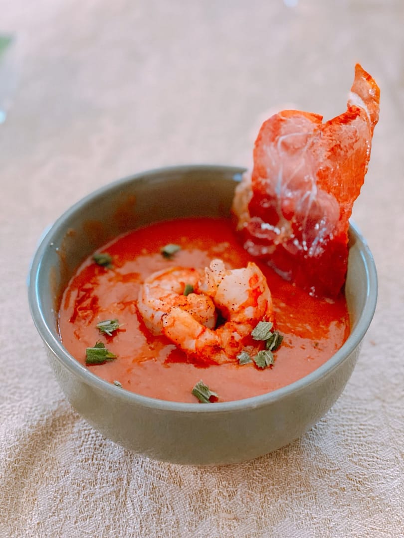 Lobster Bisque with Shrimp and Crispy Prosciutto